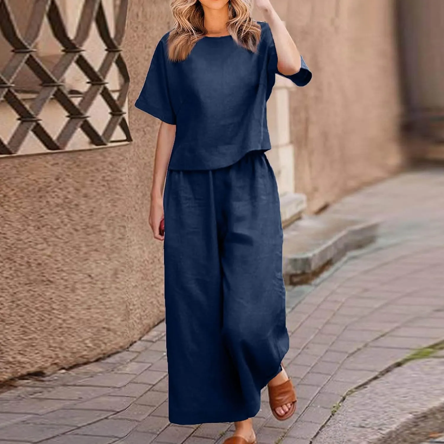Summer 2 Piece Sets For Women 2024 Casual Loose Tops & Wide Leg Pants Matching Lounge Set Linen Beach Vacation Outfits