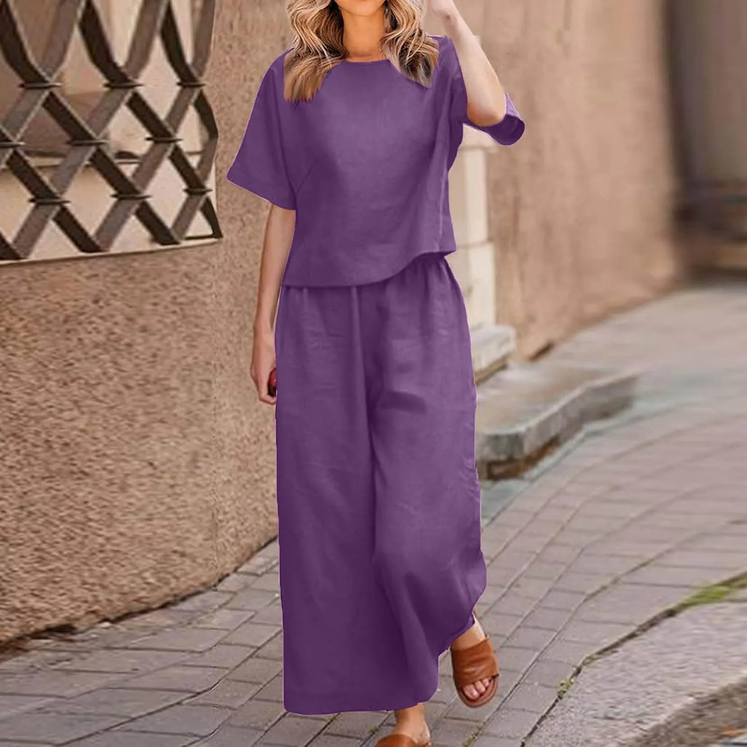 Summer 2 Piece Sets For Women 2024 Casual Loose Tops & Wide Leg Pants Matching Lounge Set Linen Beach Vacation Outfits