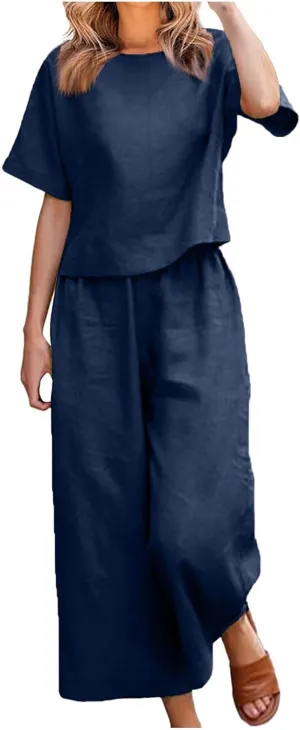 Summer 2 Piece Sets For Women 2024 Casual Loose Tops & Wide Leg Pants Matching Lounge Set Linen Beach Vacation Outfits