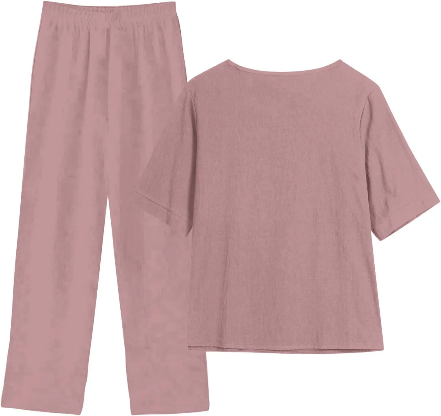 Summer Linen 2 Piece Outfits For Women 2024 Casual Loose Button Down Tops Cropped Trousers Pant Matching Lounge Set