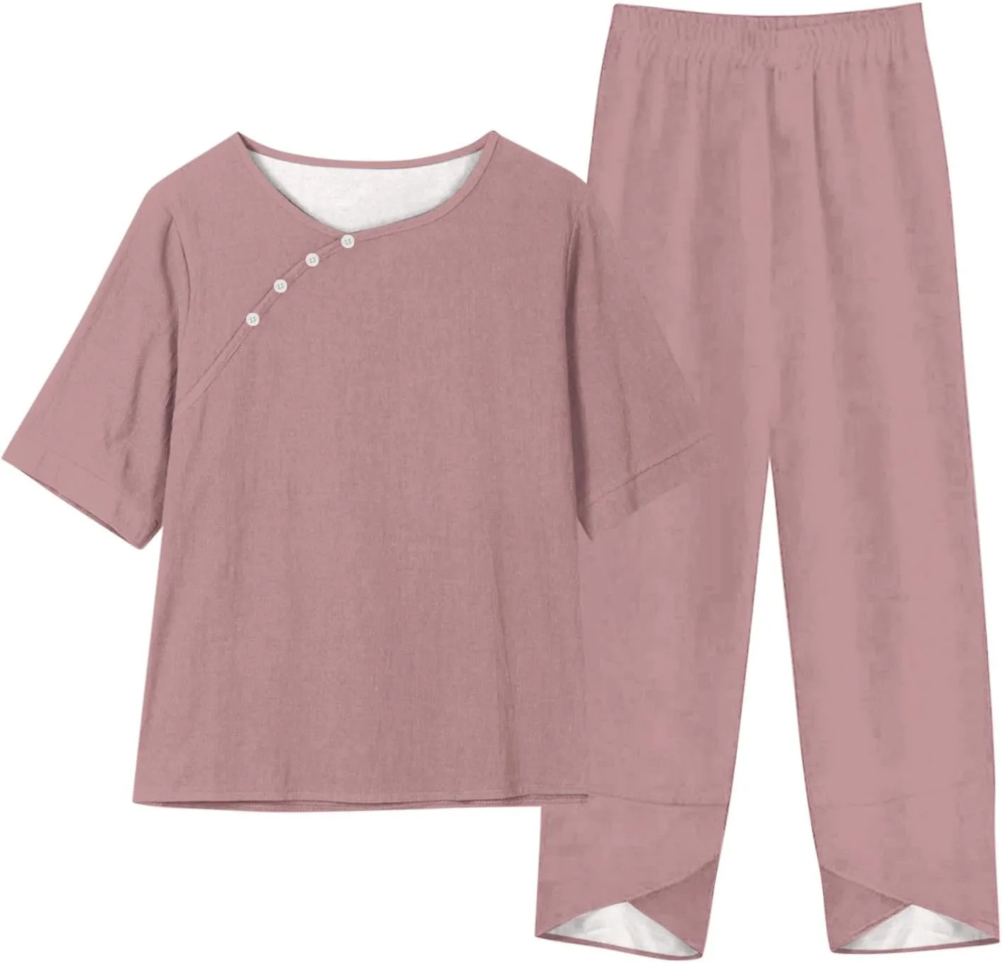 Summer Linen 2 Piece Outfits For Women 2024 Casual Loose Button Down Tops Cropped Trousers Pant Matching Lounge Set