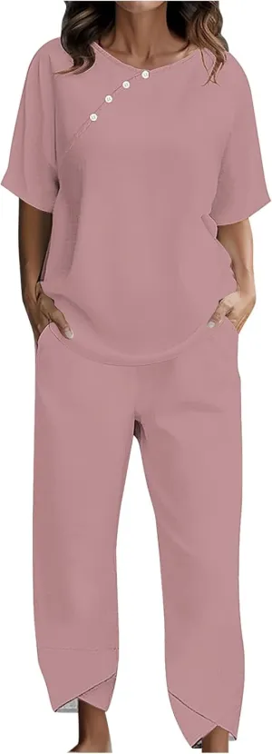 Summer Linen 2 Piece Outfits For Women 2024 Casual Loose Button Down Tops Cropped Trousers Pant Matching Lounge Set