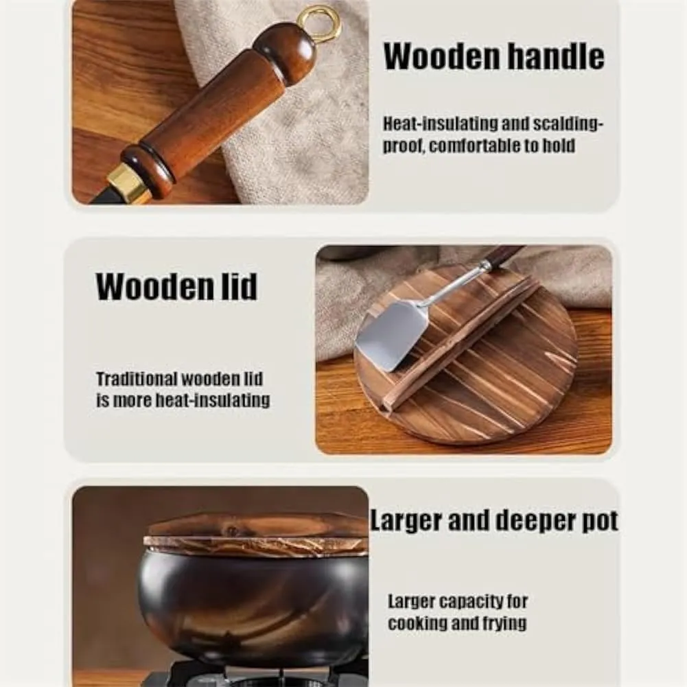 Suntuup Japanese Iron Pan, Uncoated Iron Pan with Anti-Scalding Wooden Handle, Suntup Frying Pans, Suntup Cooking Pot, Fry, Boil, Simmer, Stew, 4 in 1, for Cooker Gas (Hammer Pattern-A-9.45in)