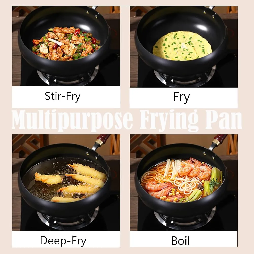 Suntuup Japanese Iron Pan, Uncoated Iron Pan with Anti-Scalding Wooden Handle, Suntup Frying Pans, Suntup Cooking Pot, Fry, Boil, Simmer, Stew, 4 in 1, for Cooker Gas (Hammer Pattern-A-9.45in)