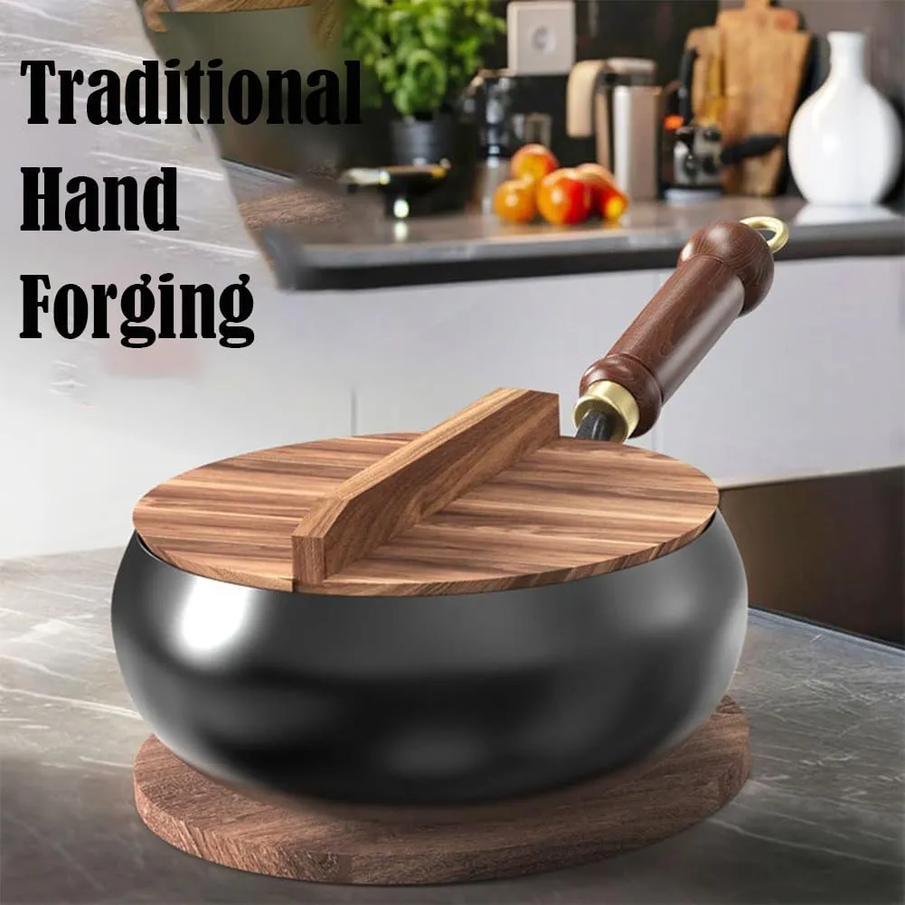 Suntuup Japanese Iron Pan, Uncoated Iron Pan with Anti-Scalding Wooden Handle, Suntup Frying Pans, Suntup Cooking Pot, Fry, Boil, Simmer, Stew, 4 in 1, for Cooker Gas (Hammer Pattern-A-9.45in)