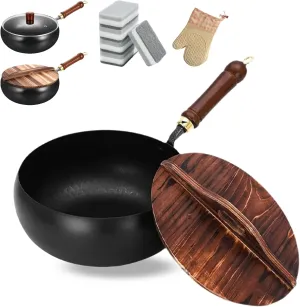 Suntuup Japanese Iron Pan, Uncoated Iron Pan with Anti-Scalding Wooden Handle, Suntup Frying Pans, Suntup Cooking Pot, Fry, Boil, Simmer, Stew, 4 in 1, for Cooker Gas (Hammer Pattern-A-9.45in)