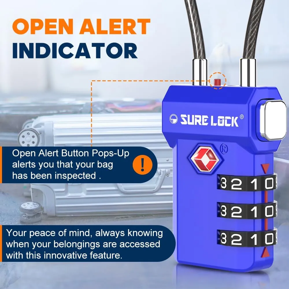 SURE LOCK TSA Approved 3-Digit Combination Luggage Locks – Open Alert Indicator, Re-settable Code with Zinc Alloy Body, Easy-Read Dials for Suitcase, Backpack, Gym Locker & Toolbox (Multiple Colors)