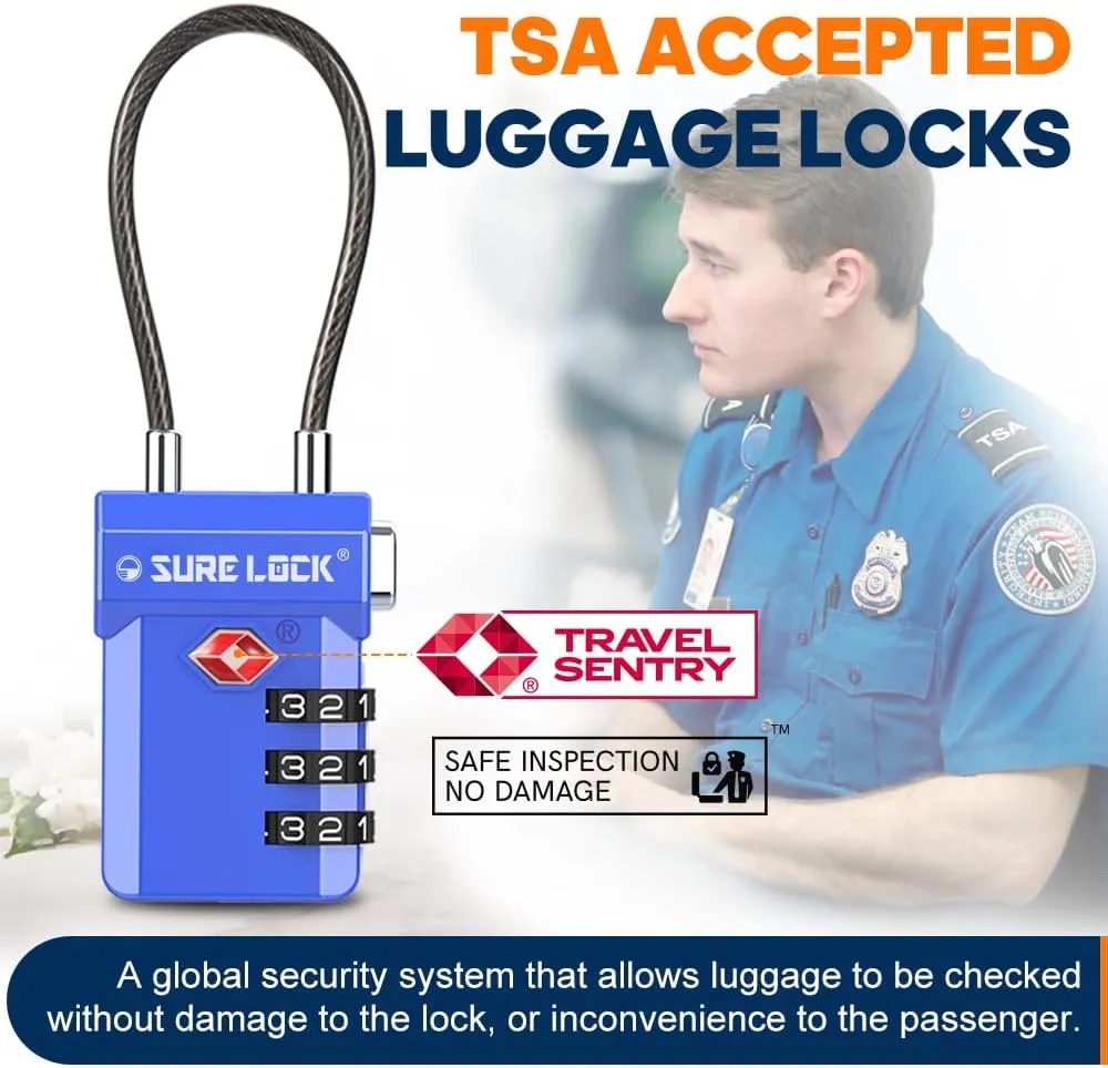 SURE LOCK TSA Approved 3-Digit Combination Luggage Locks – Open Alert Indicator, Re-settable Code with Zinc Alloy Body, Easy-Read Dials for Suitcase, Backpack, Gym Locker & Toolbox (Multiple Colors)