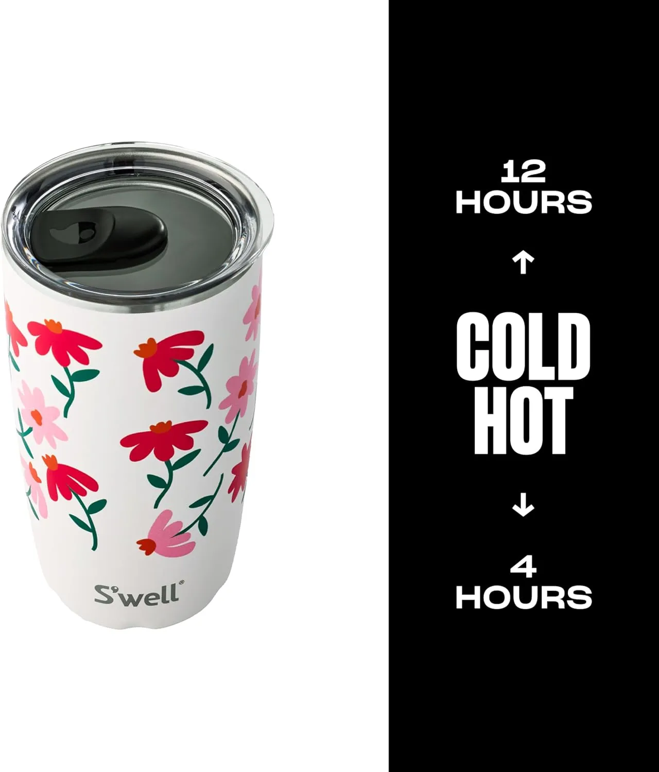 S'well Stainless Steel Tumbler with Slide-Open Lid, 18oz, Pink Daisy, Triple Layered Vacuum Insulated Containers Keeps Drinks Cold for 12 Hours and Hot for 4, BPA Free