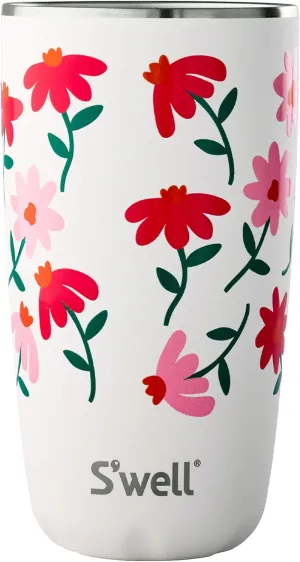 S'well Stainless Steel Tumbler with Slide-Open Lid, 18oz, Pink Daisy, Triple Layered Vacuum Insulated Containers Keeps Drinks Cold for 12 Hours and Hot for 4, BPA Free