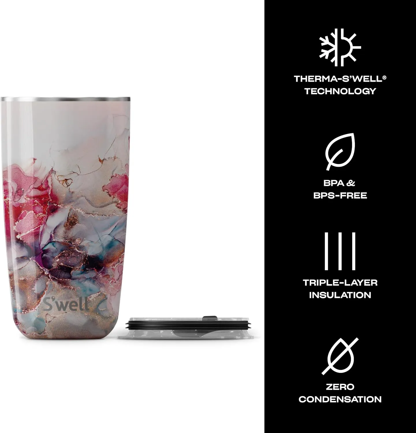 S'well Stainless Steel Tumbler with Slide-Open Lid, 18oz, Rose Marble, Triple Layered Vacuum Insulated Containers Keeps Drinks Cold for 12 Hours and Hot for 4, BPA Free