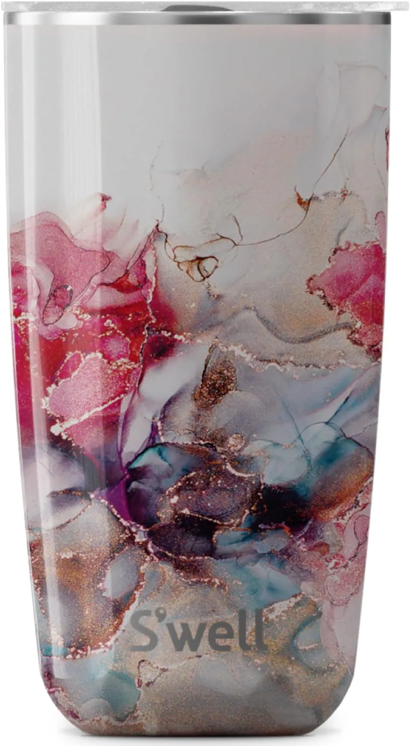 S'well Stainless Steel Tumbler with Slide-Open Lid, 18oz, Rose Marble, Triple Layered Vacuum Insulated Containers Keeps Drinks Cold for 12 Hours and Hot for 4, BPA Free