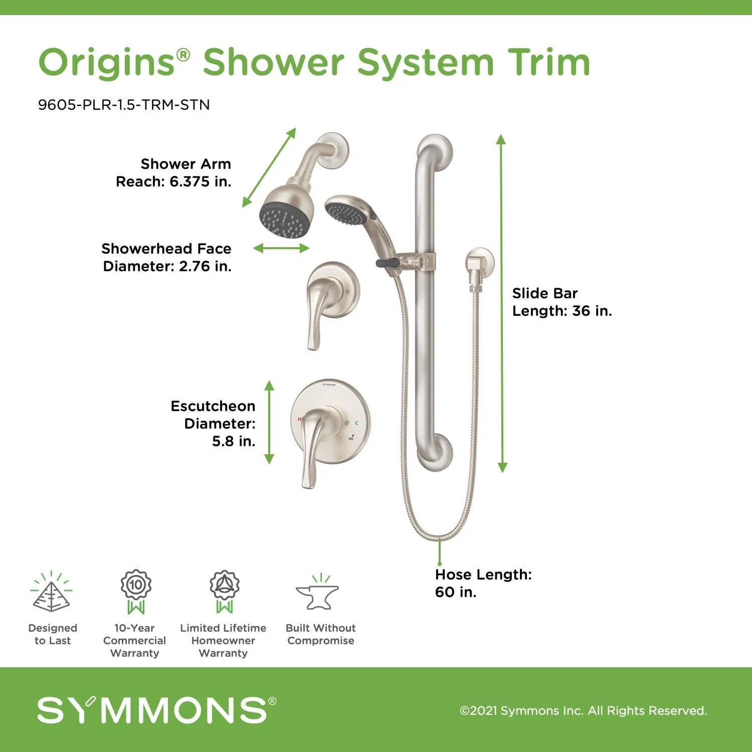 Symmons 9605-PLR-1.5-TRM-STN Origins 2-Handle 1-Spray Shower Trim with 1-Spray Hand Shower in Satin Nickel (Valves Not Included)