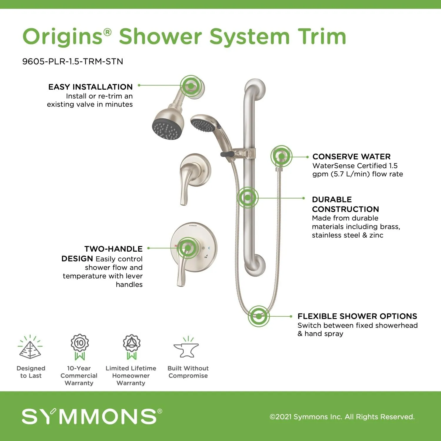 Symmons 9605-PLR-1.5-TRM-STN Origins 2-Handle 1-Spray Shower Trim with 1-Spray Hand Shower in Satin Nickel (Valves Not Included)