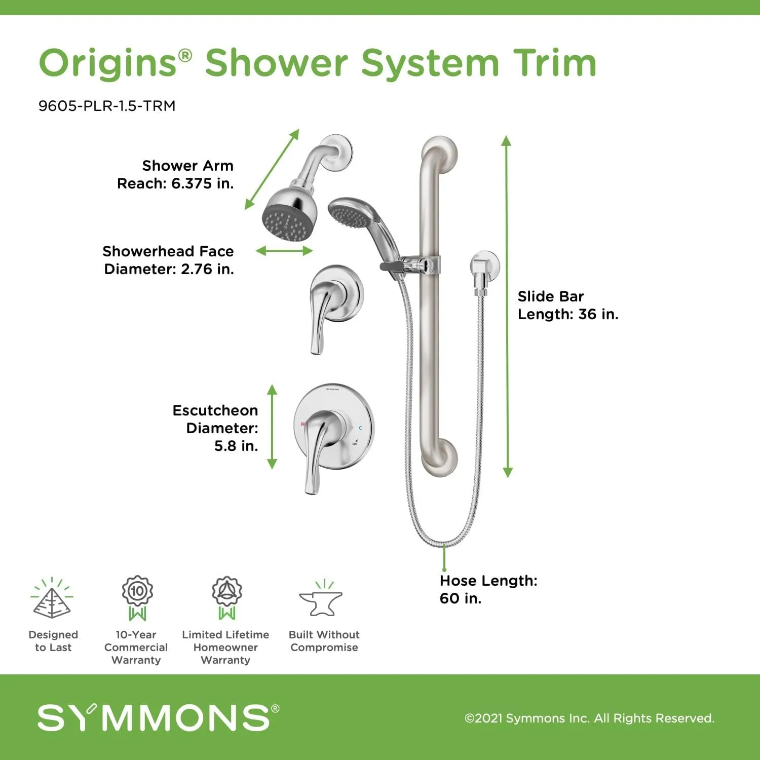 Symmons 9605-PLR-1.5-TRM-STN Origins 2-Handle 1-Spray Shower Trim with 1-Spray Hand Shower in Satin Nickel (Valves Not Included)