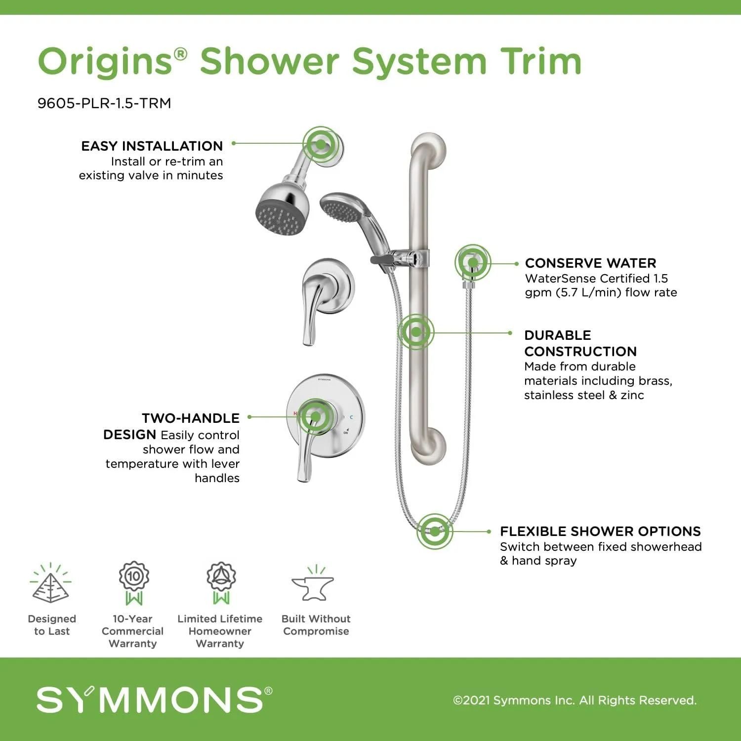 Symmons 9605-PLR-1.5-TRM-STN Origins 2-Handle 1-Spray Shower Trim with 1-Spray Hand Shower in Satin Nickel (Valves Not Included)