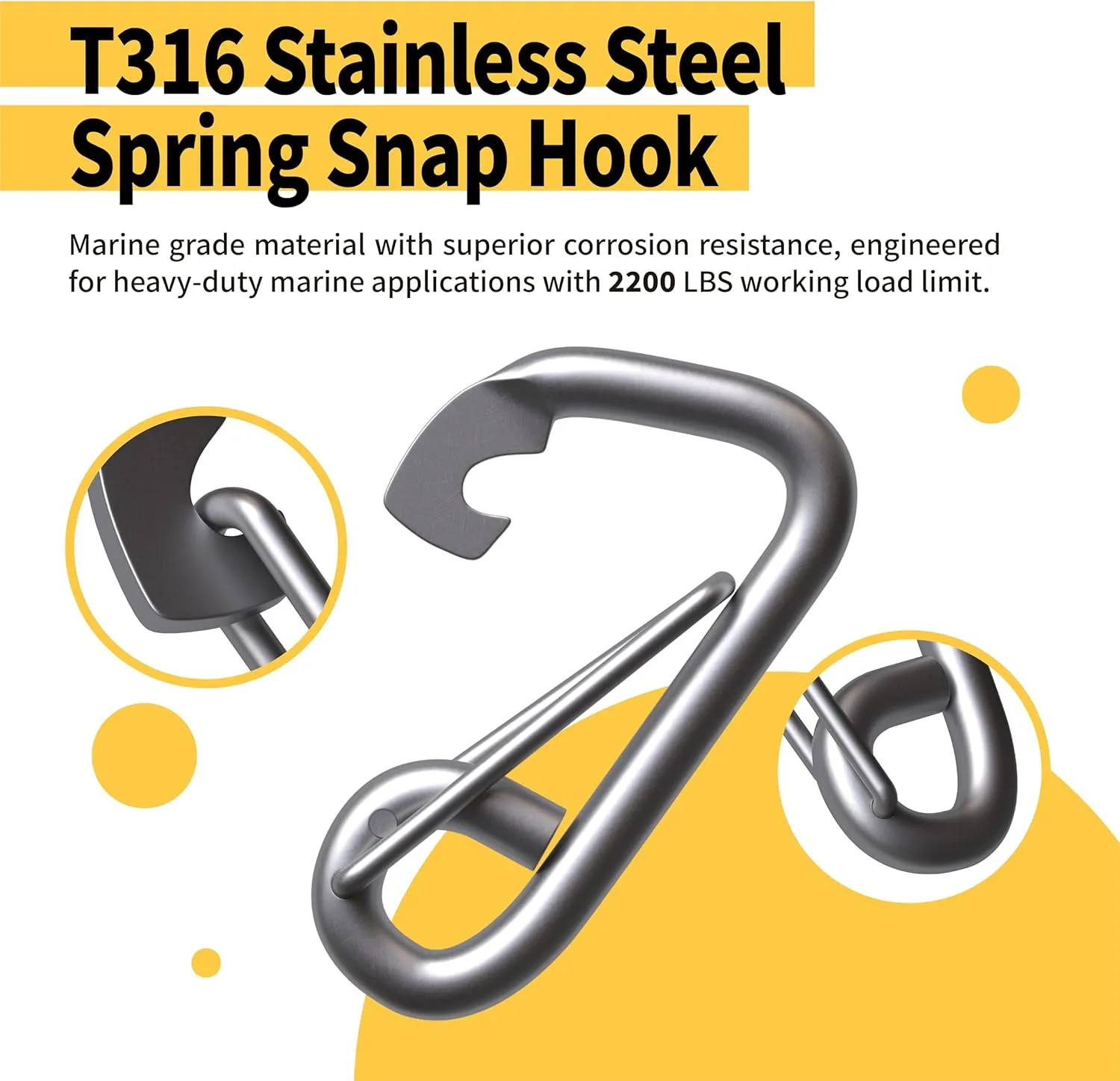 T316 Stainless Steel Spring Snap Hook, Marine Grade Safety Carabiner, Heavy Duty Boat Hook with Eye, for Ship Yacht Sailing