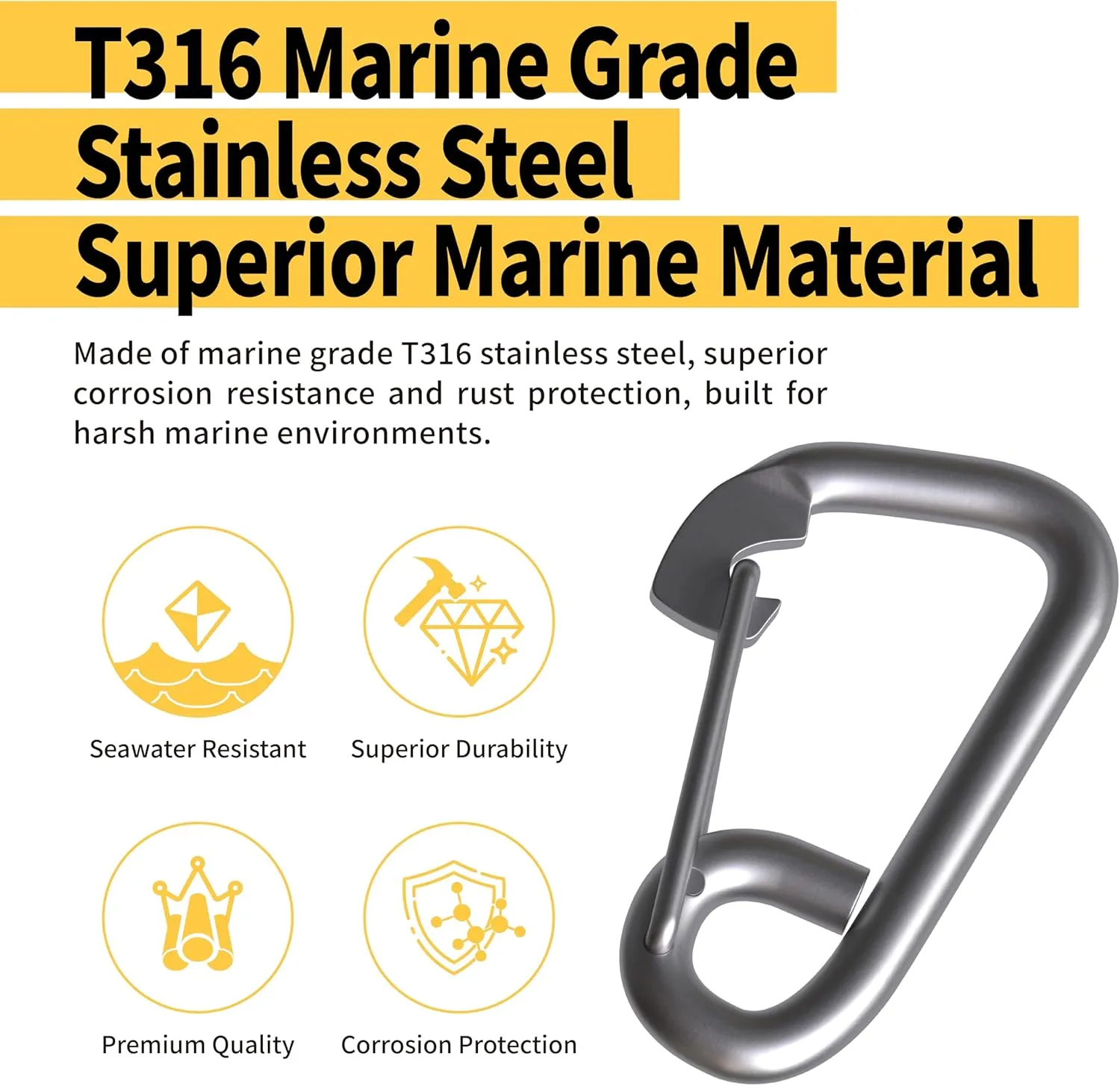 T316 Stainless Steel Spring Snap Hook, Marine Grade Safety Carabiner, Heavy Duty Boat Hook with Eye, for Ship Yacht Sailing