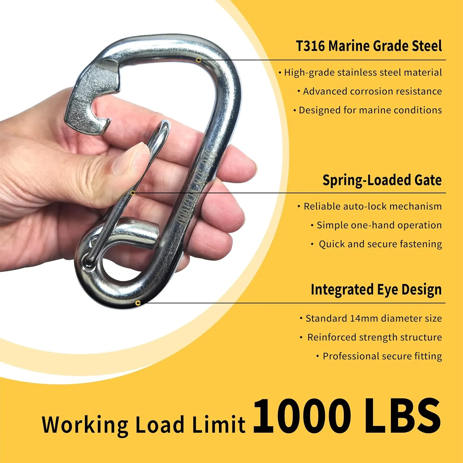 T316 Stainless Steel Spring Snap Hook, Marine Grade Safety Carabiner, Heavy Duty Boat Hook with Eye, for Ship Yacht Sailing