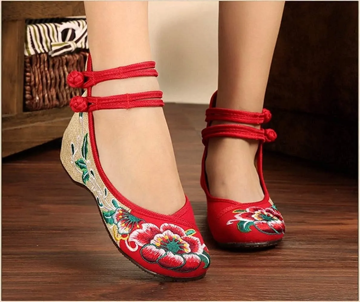 TangDao Women's Casual Flat Chinese Embroidered Floral Cheongsam Walking Mary Jane Ballet Shoes for Women
