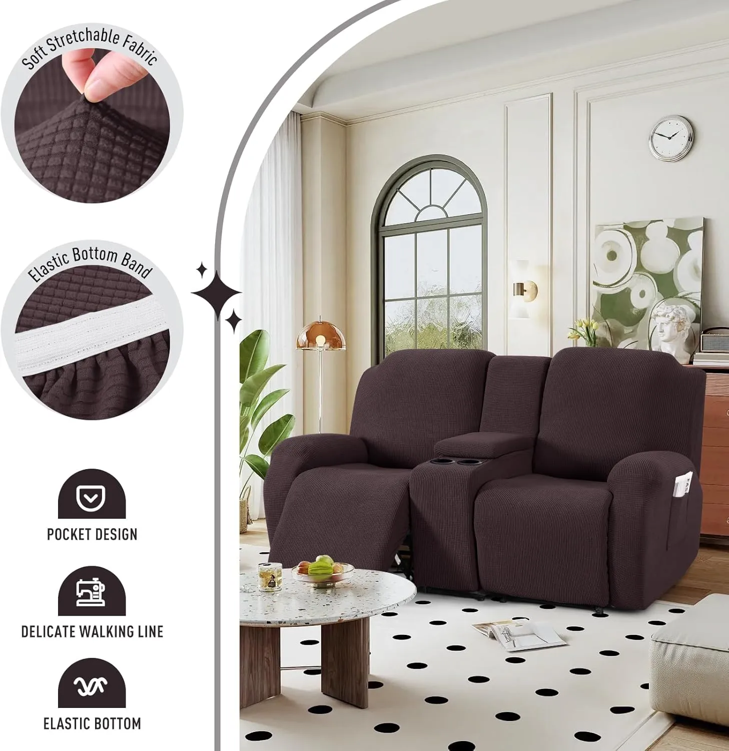 TAOCOCO Recliner Loveseat Cover with Middle Console Sofa slipcover, Stretch Reclining Sofa Covers for 2 Seat Reclining Couch, Jacquard Pattern Soft Loveseat Slipcover Furniture Protector, Chocolate