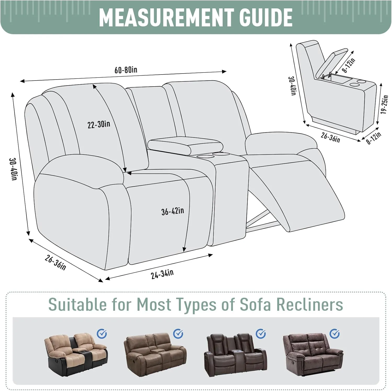 TAOCOCO Recliner Loveseat Cover with Middle Console Sofa slipcover, Stretch Reclining Sofa Covers for 2 Seat Reclining Couch, Jacquard Pattern Soft Loveseat Slipcover Furniture Protector, Sage Green