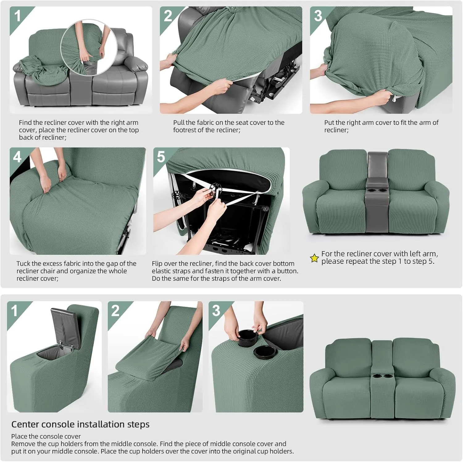 TAOCOCO Recliner Loveseat Cover with Middle Console Sofa slipcover, Stretch Reclining Sofa Covers for 2 Seat Reclining Couch, Jacquard Pattern Soft Loveseat Slipcover Furniture Protector, Sage Green