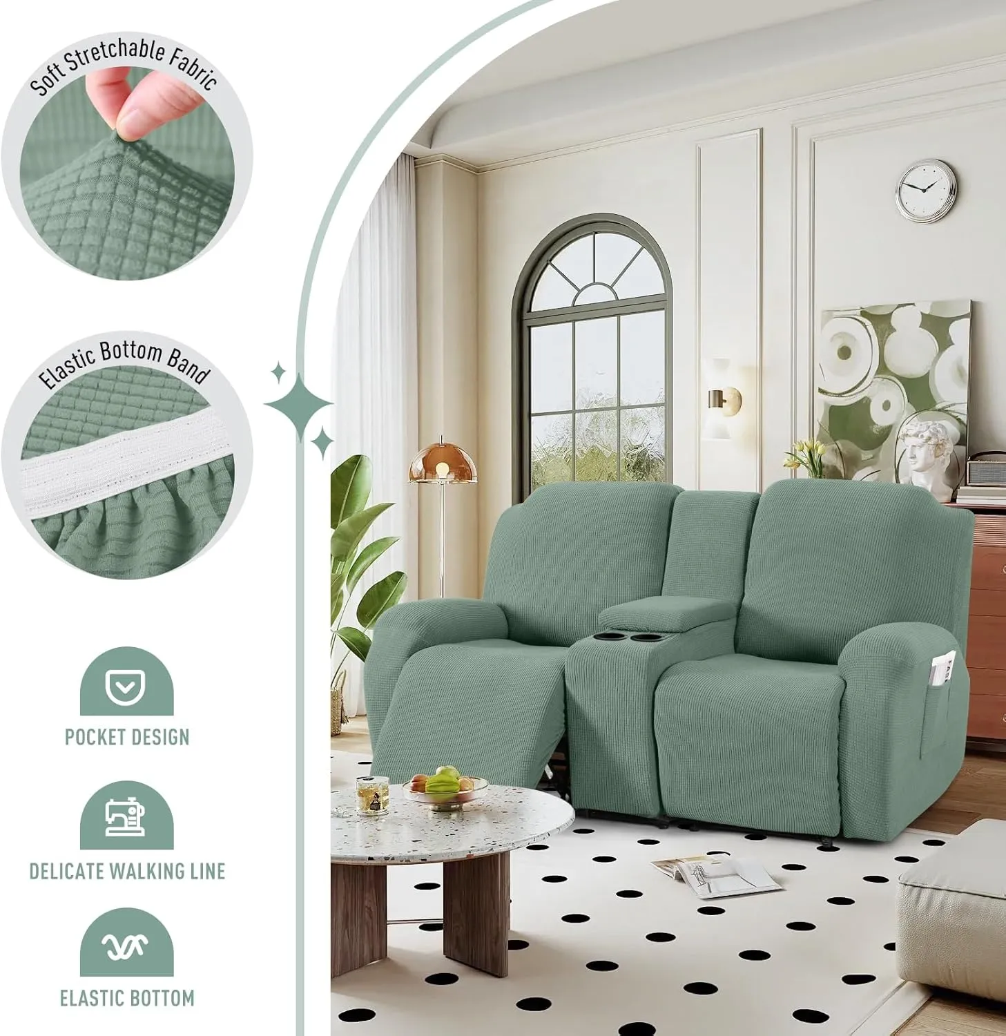 TAOCOCO Recliner Loveseat Cover with Middle Console Sofa slipcover, Stretch Reclining Sofa Covers for 2 Seat Reclining Couch, Jacquard Pattern Soft Loveseat Slipcover Furniture Protector, Sage Green