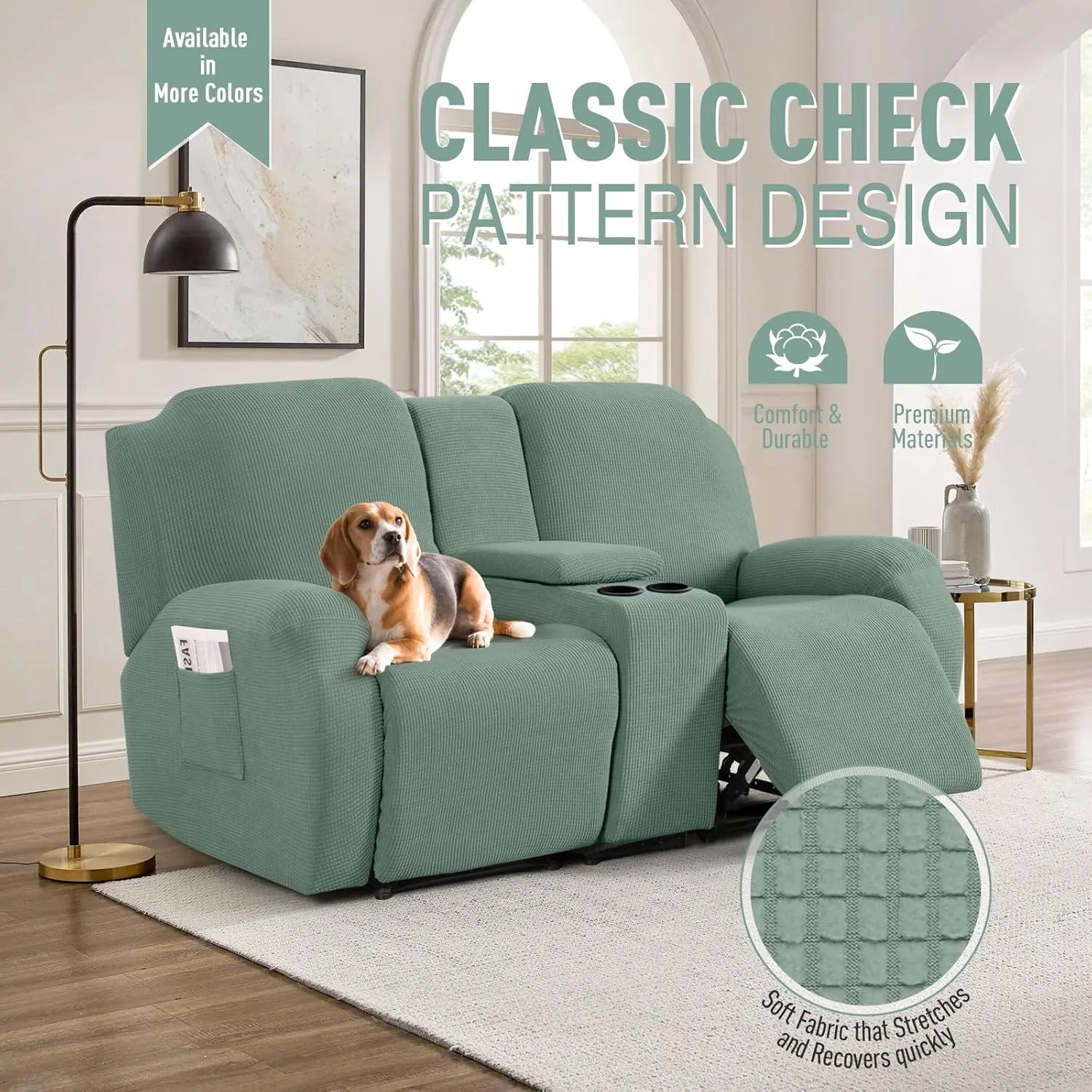 TAOCOCO Recliner Loveseat Cover with Middle Console Sofa slipcover, Stretch Reclining Sofa Covers for 2 Seat Reclining Couch, Jacquard Pattern Soft Loveseat Slipcover Furniture Protector, Sage Green