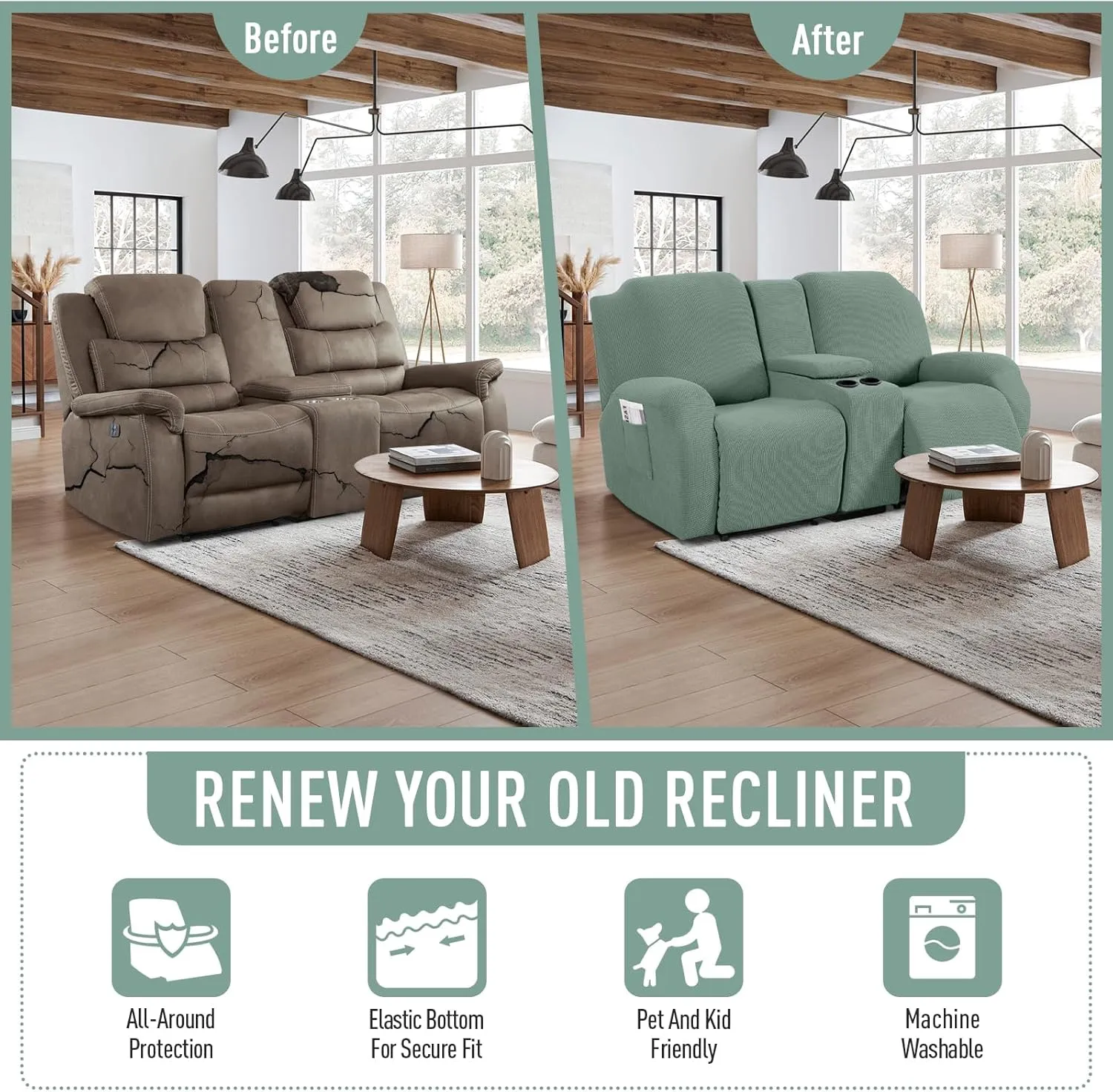 TAOCOCO Recliner Loveseat Cover with Middle Console Sofa slipcover, Stretch Reclining Sofa Covers for 2 Seat Reclining Couch, Jacquard Pattern Soft Loveseat Slipcover Furniture Protector, Sage Green
