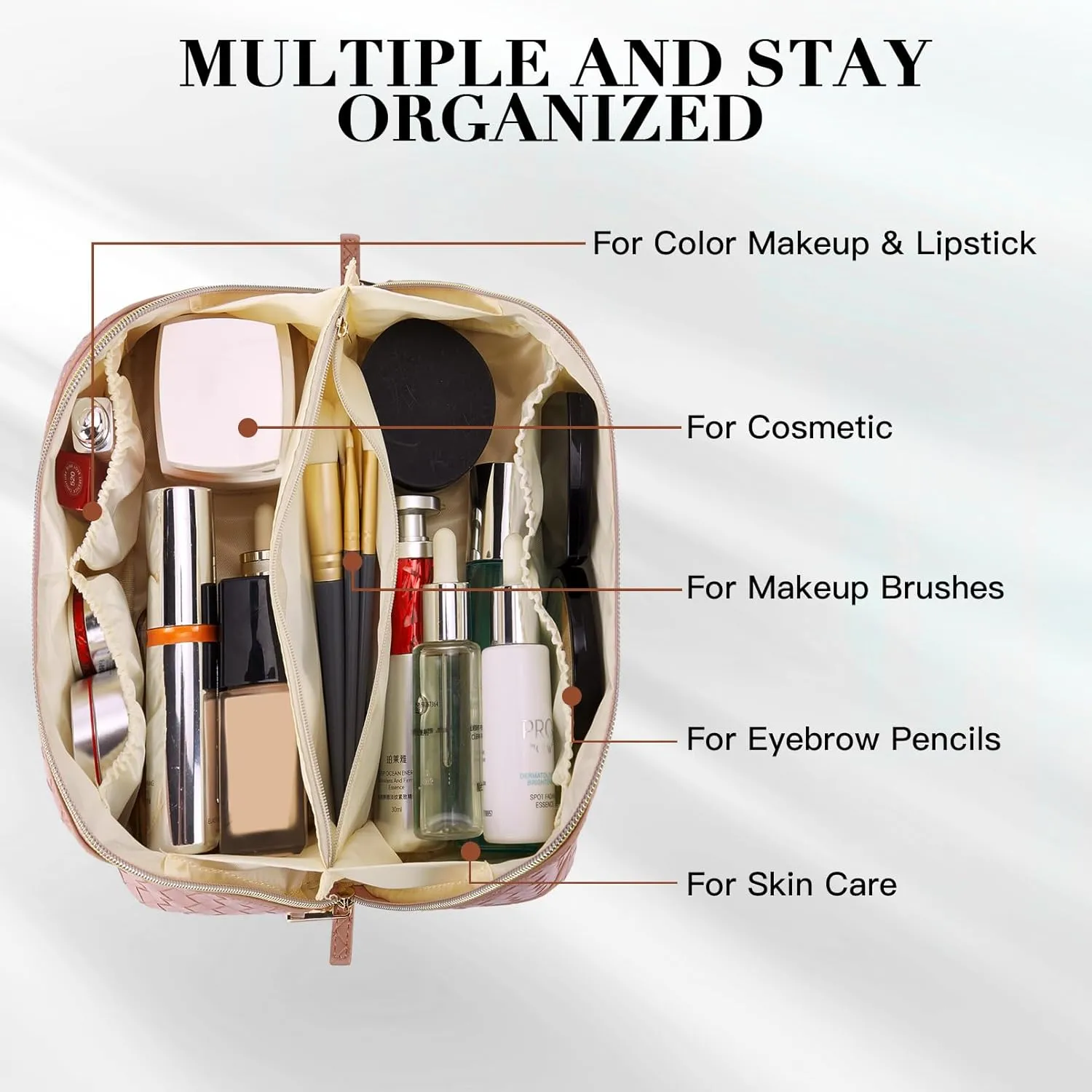 Telena Makeup Bag Large Capacity Travel Cosmetic Bag Portable PU Leather Water Resistant Makeup Organizer Bags for Women with Handle and Divider Open Flat Pink