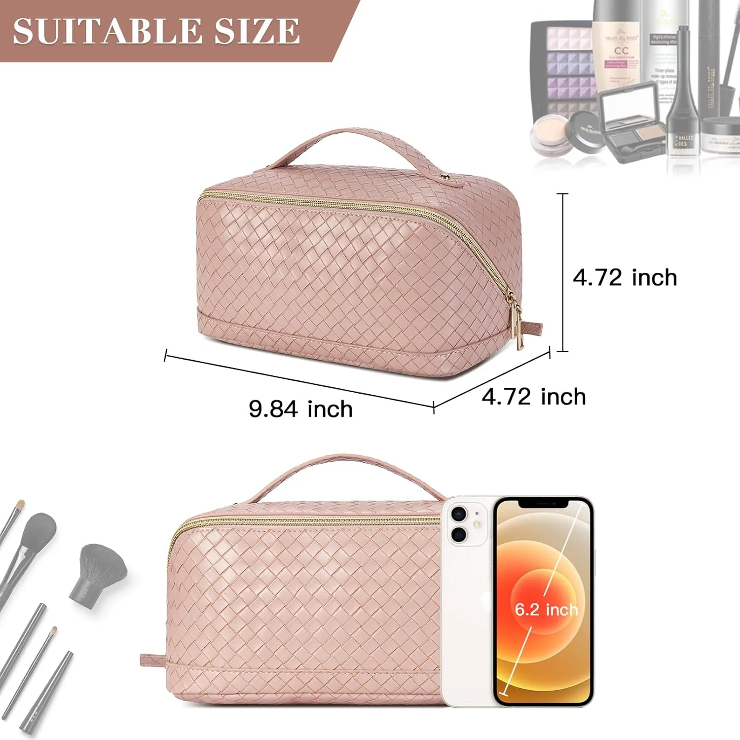 Telena Makeup Bag Large Capacity Travel Cosmetic Bag Portable PU Leather Water Resistant Makeup Organizer Bags for Women with Handle and Divider Open Flat Pink