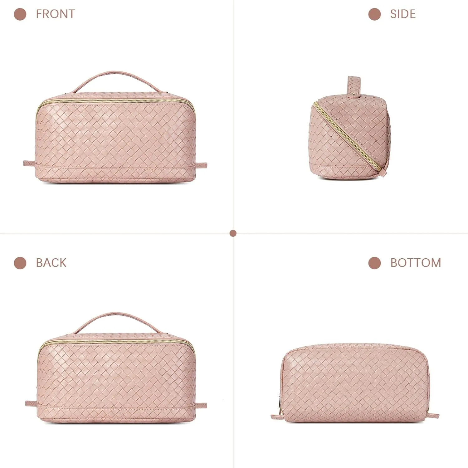 Telena Makeup Bag Large Capacity Travel Cosmetic Bag Portable PU Leather Water Resistant Makeup Organizer Bags for Women with Handle and Divider Open Flat Pink