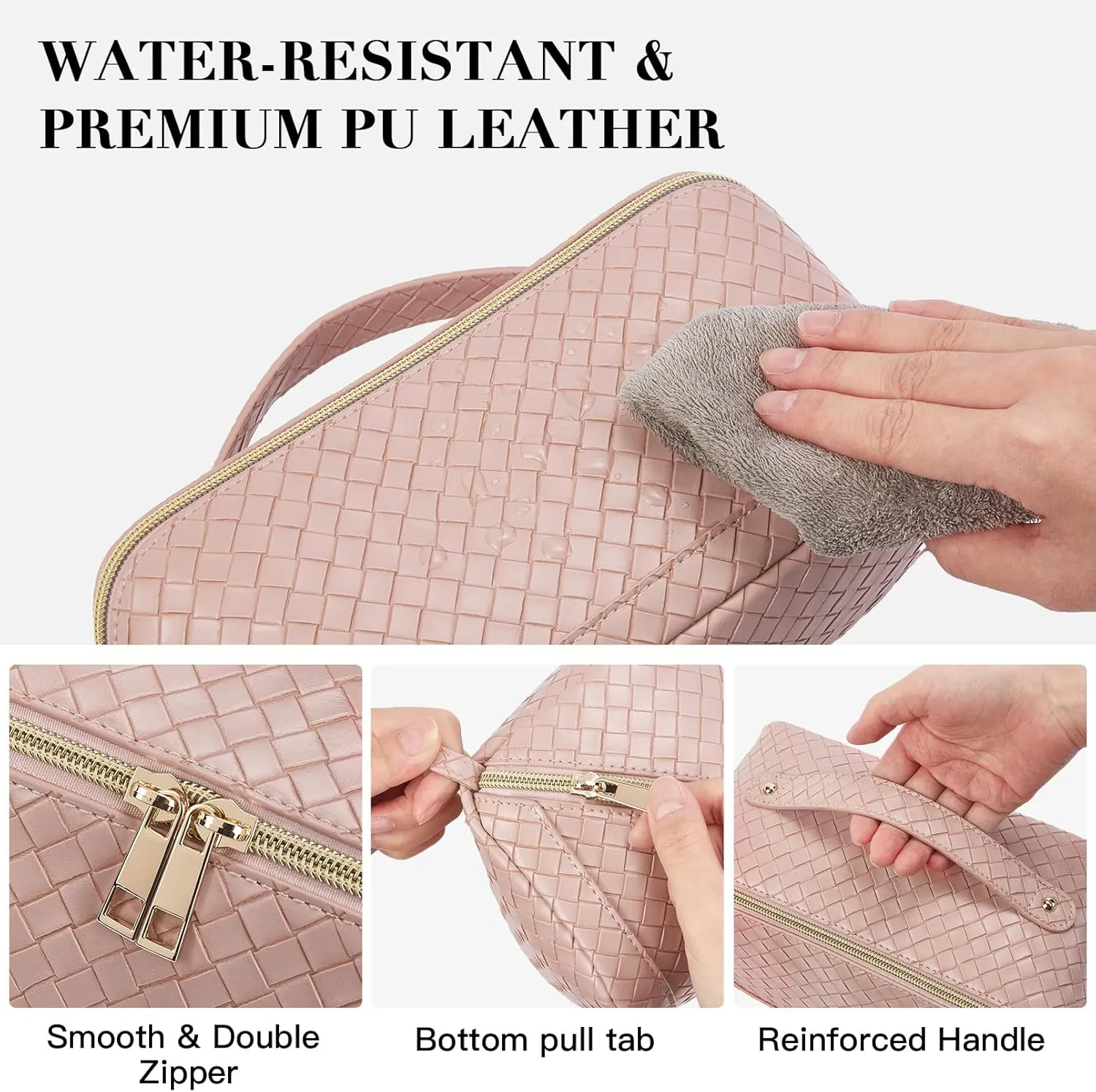 Telena Makeup Bag Large Capacity Travel Cosmetic Bag Portable PU Leather Water Resistant Makeup Organizer Bags for Women with Handle and Divider Open Flat Pink