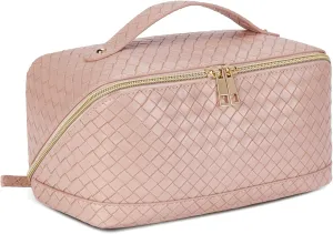 Telena Makeup Bag Large Capacity Travel Cosmetic Bag Portable PU Leather Water Resistant Makeup Organizer Bags for Women with Handle and Divider Open Flat Pink