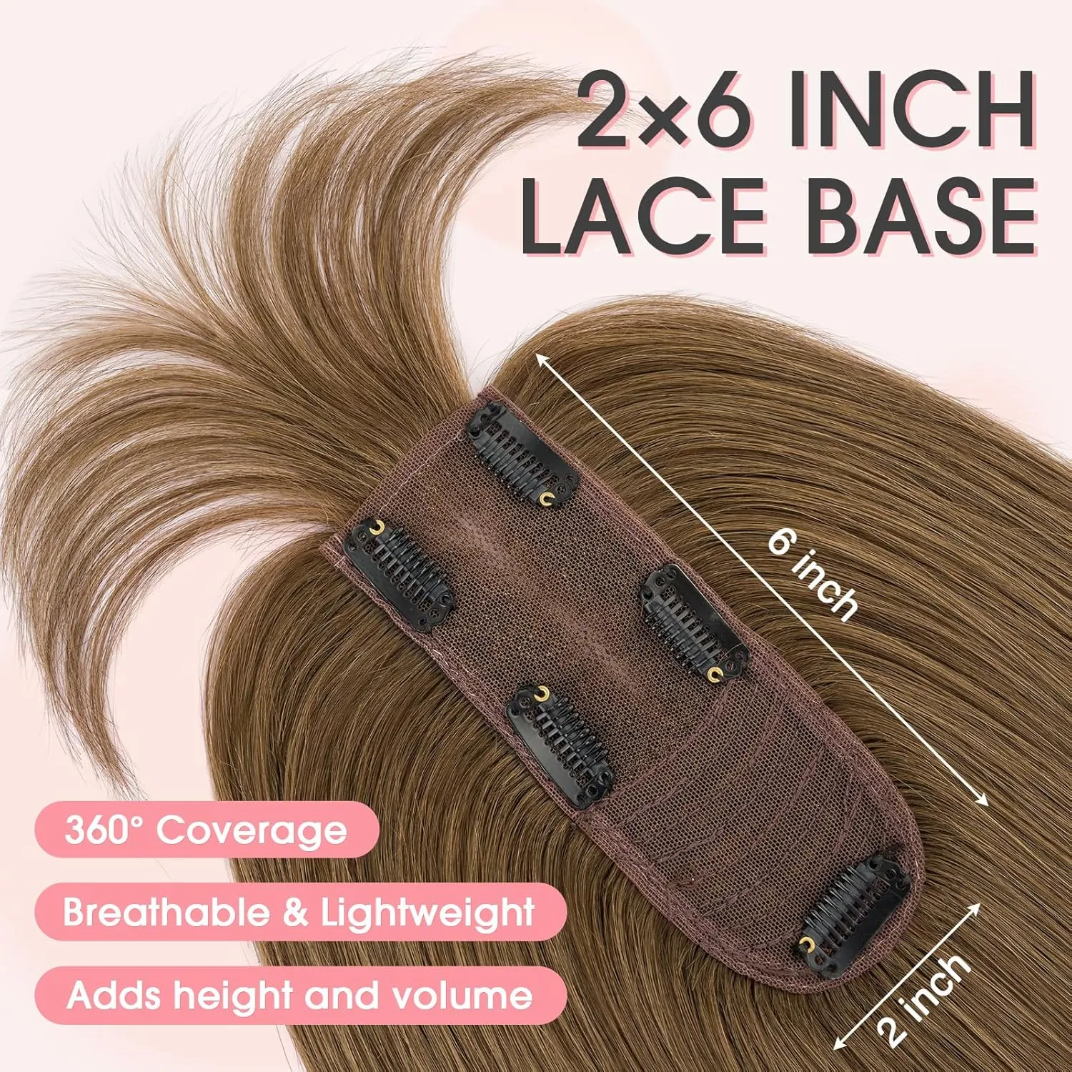 TESS Real Hair Toppers for Women Handmade Lace Base Womens Clip In Hairpieces with Bangs 5 Clips Natural Coverage Soft and Secure 2×6", Medium Brown