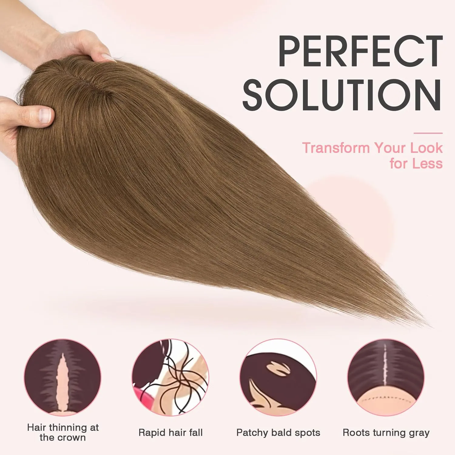 TESS Real Hair Toppers for Women Handmade Lace Base Womens Clip In Hairpieces with Bangs 5 Clips Natural Coverage Soft and Secure 2×6", Medium Brown