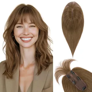 TESS Real Hair Toppers for Women Handmade Lace Base Womens Clip In Hairpieces with Bangs 5 Clips Natural Coverage Soft and Secure 2×6", Medium Brown