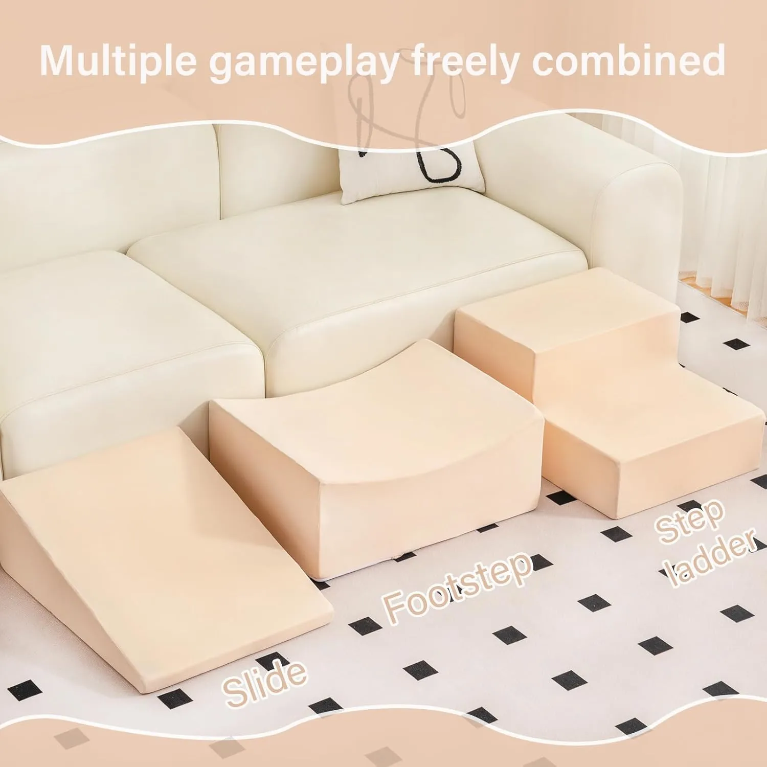 Tiita Foam Climbing Blocks with Small Ball Pit Playground for Baby, Climb and Crawl Playset 5-Piece - Indoor Soft Play Climber for Playtime Fun, Beige