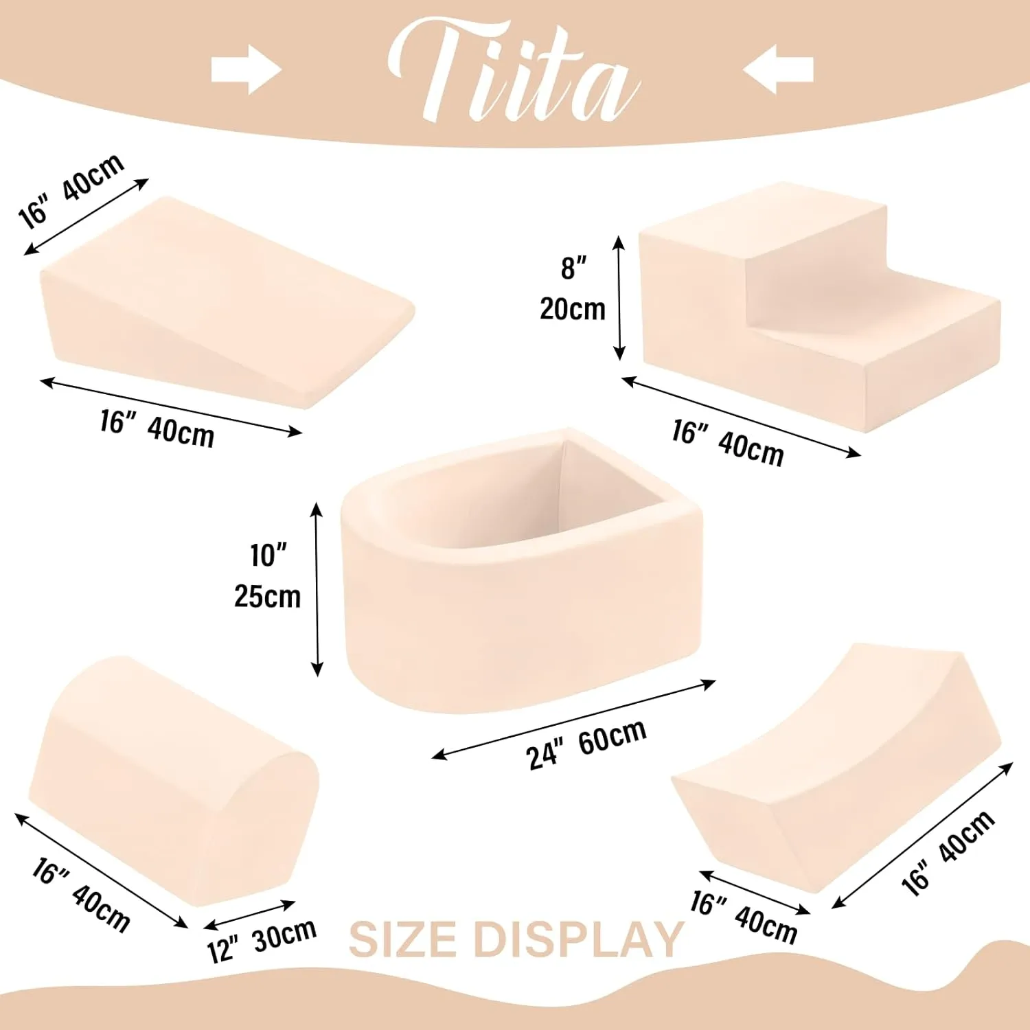 Tiita Foam Climbing Blocks with Small Ball Pit Playground for Baby, Climb and Crawl Playset 5-Piece - Indoor Soft Play Climber for Playtime Fun, Beige