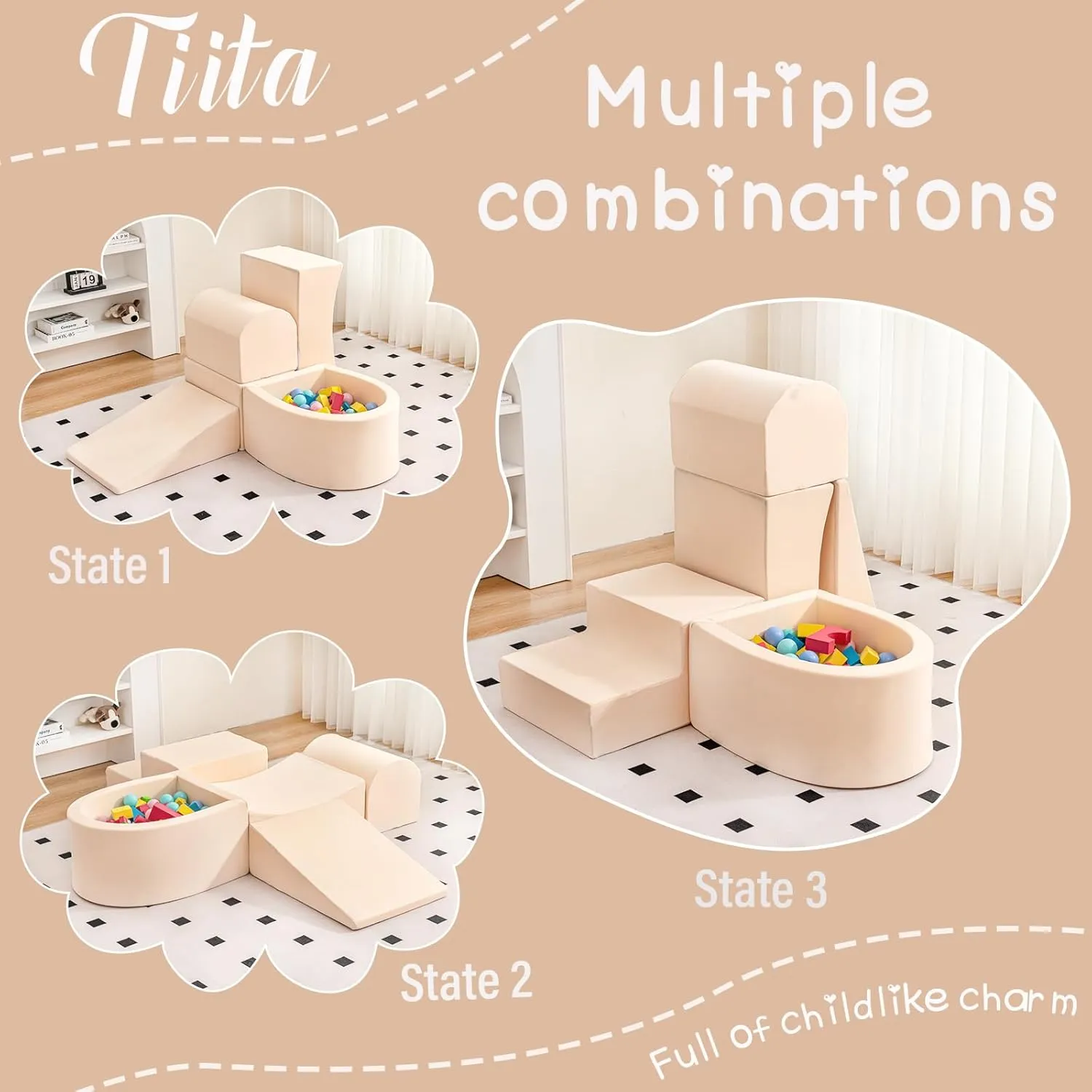 Tiita Foam Climbing Blocks with Small Ball Pit Playground for Baby, Climb and Crawl Playset 5-Piece - Indoor Soft Play Climber for Playtime Fun, Beige
