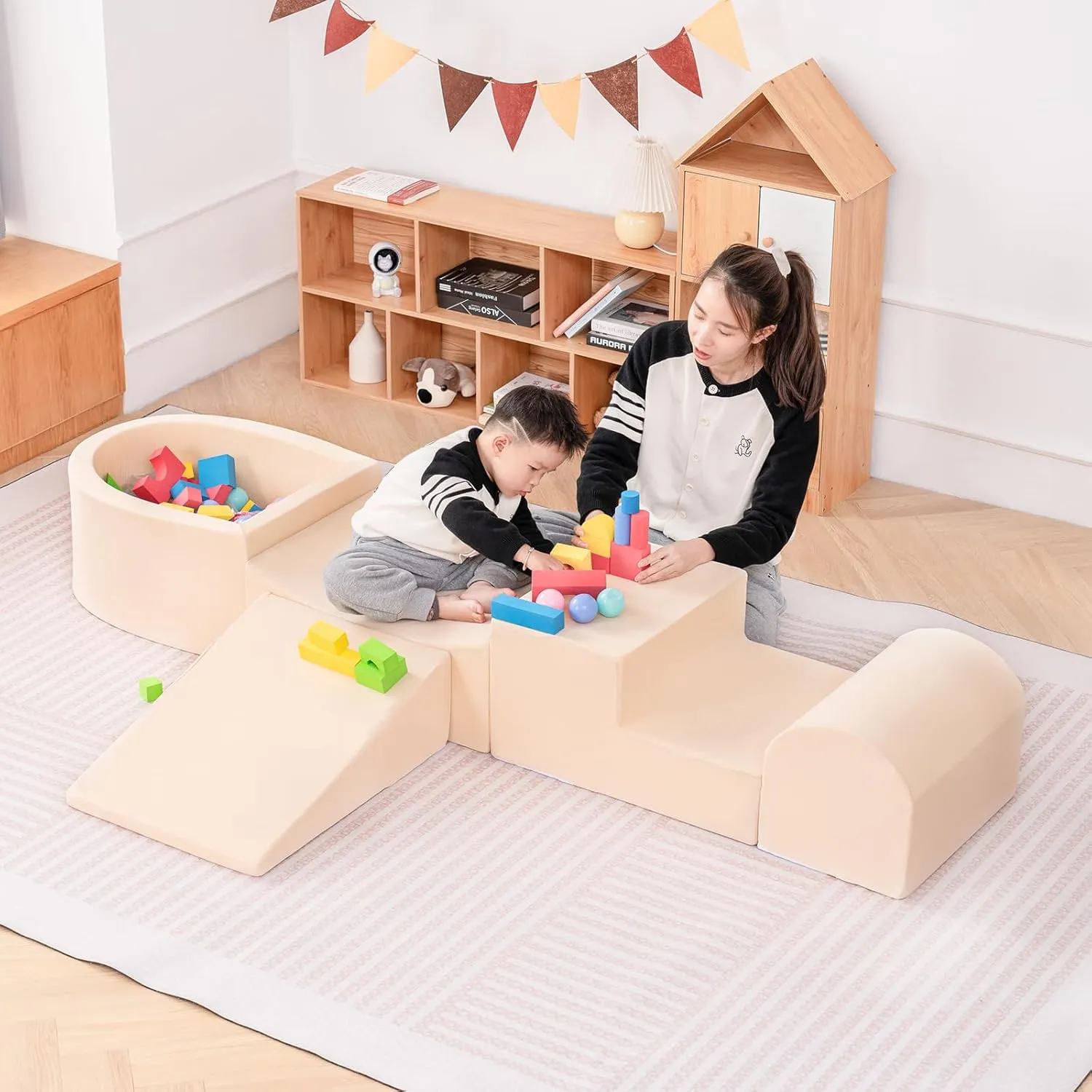 Tiita Foam Climbing Blocks with Small Ball Pit Playground for Baby, Climb and Crawl Playset 5-Piece - Indoor Soft Play Climber for Playtime Fun, Beige