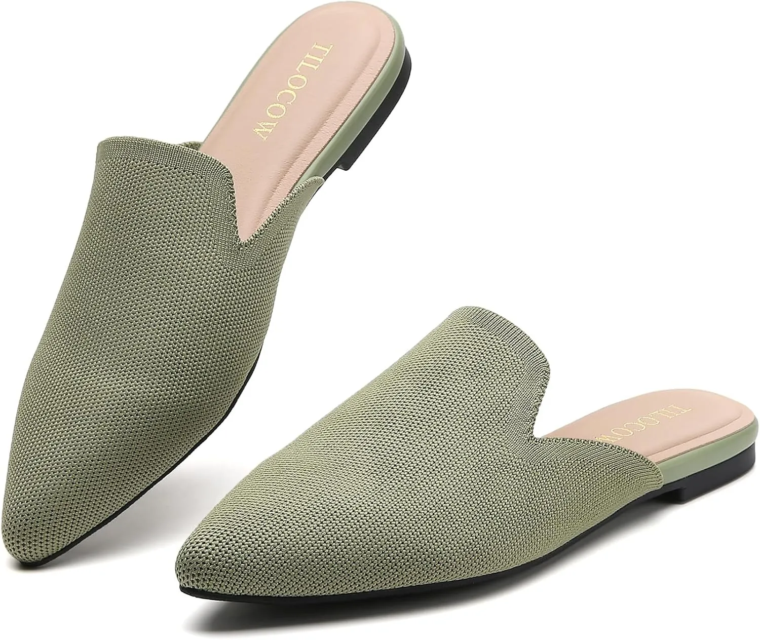 Tilocow Knit Mules for Women Flats Pointed Toe Mesh Ballet Flat Womens Slip On Slides Walking Shoes