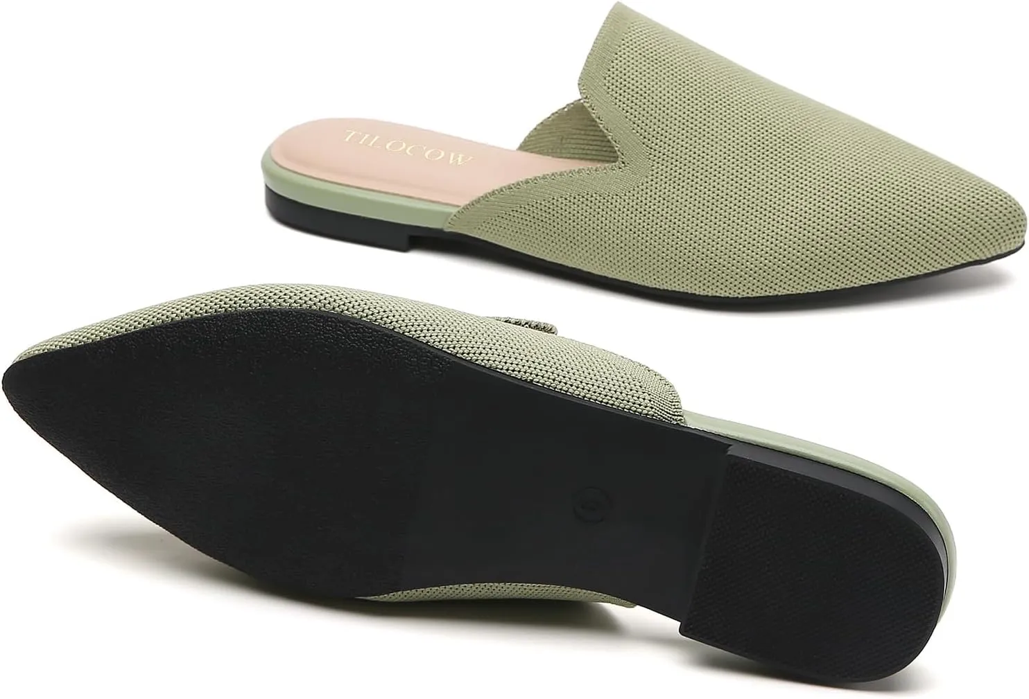 Tilocow Knit Mules for Women Flats Pointed Toe Mesh Ballet Flat Womens Slip On Slides Walking Shoes