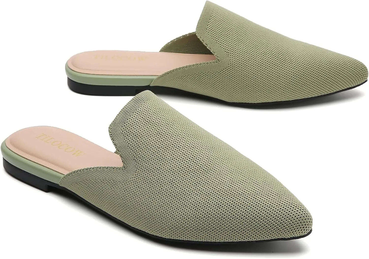 Tilocow Knit Mules for Women Flats Pointed Toe Mesh Ballet Flat Womens Slip On Slides Walking Shoes