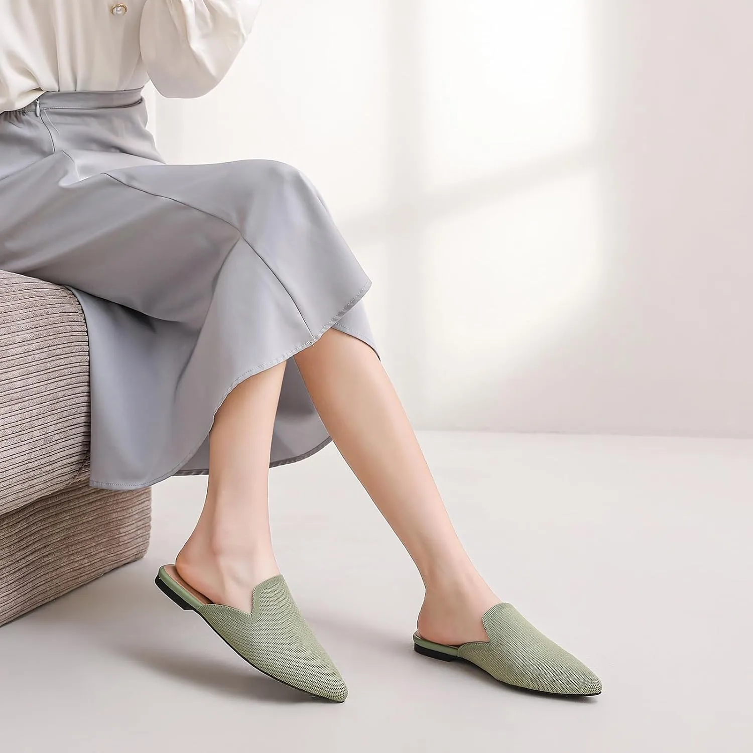 Tilocow Knit Mules for Women Flats Pointed Toe Mesh Ballet Flat Womens Slip On Slides Walking Shoes