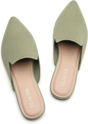 Tilocow Knit Mules for Women Flats Pointed Toe Mesh Ballet Flat Womens Slip On Slides Walking Shoes