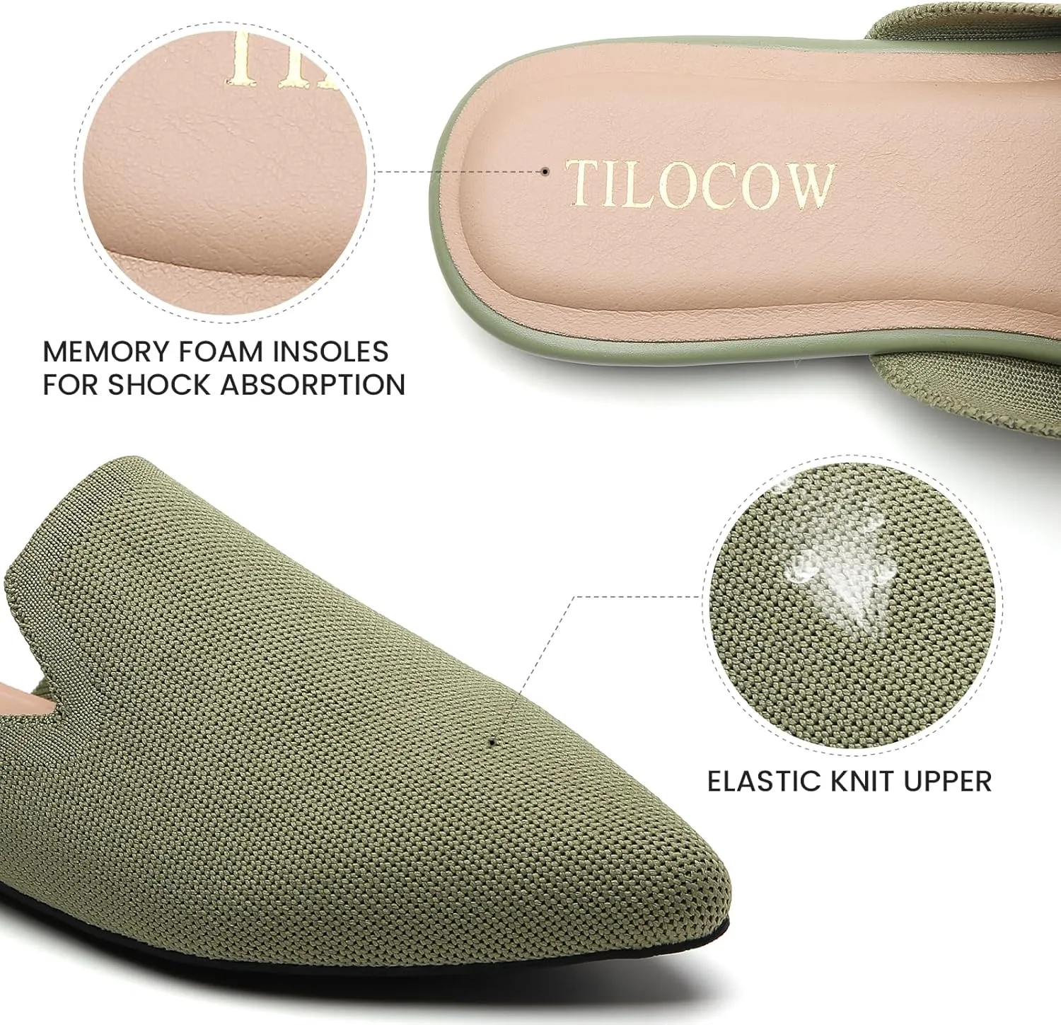 Tilocow Knit Mules for Women Flats Pointed Toe Mesh Ballet Flat Womens Slip On Slides Walking Shoes