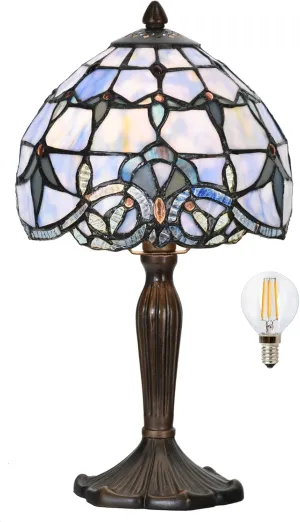 TL0006 Tiffany Lamp Baroque Design Stained Glass Table Lamp for Living Room Bedroom Bedside Nightstand Home Office, 8" D x 14.25" H, LED Bulb Included (Blue Baroque)