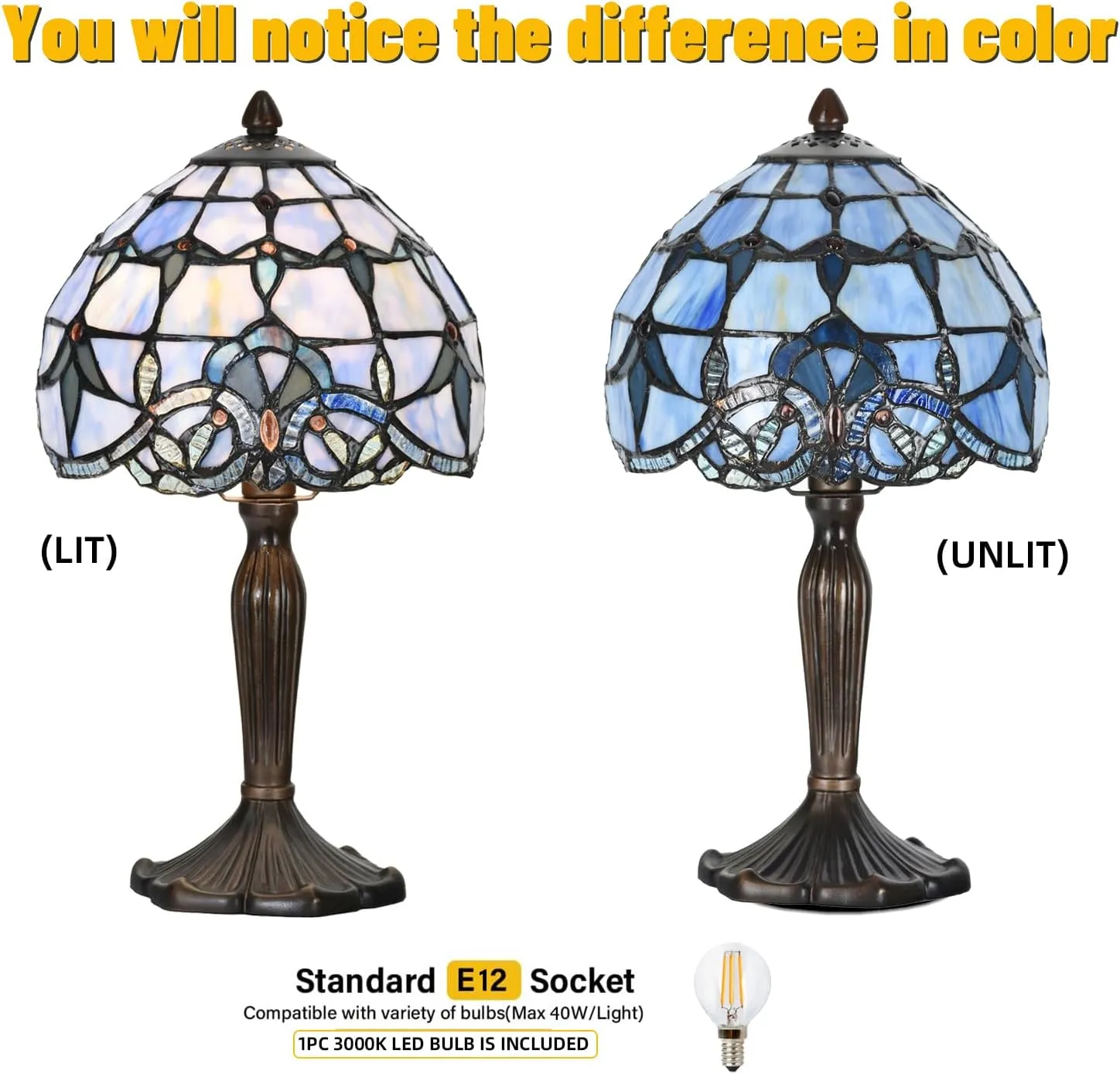 TL0006 Tiffany Lamp Baroque Design Stained Glass Table Lamp for Living Room Bedroom Bedside Nightstand Home Office, 8" D x 14.25" H, LED Bulb Included (Blue Baroque)